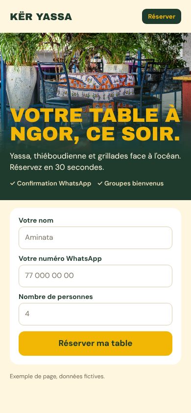 Exemple fictif : page de réservation de Kër Yassa sur téléphone